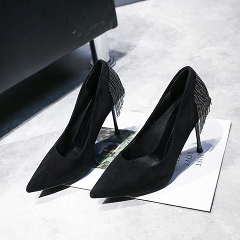 Pointed High Heels Female Spring and Summer Stiletto French Girl Sexy Black High Heels with Fringed Fringe