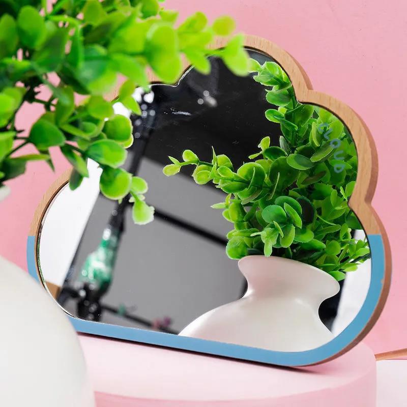 Women Cartoon Wooden Mirror Desktop Portable HD Thin Light Travel Out Household Essentials Single-sided Makeup Mirror