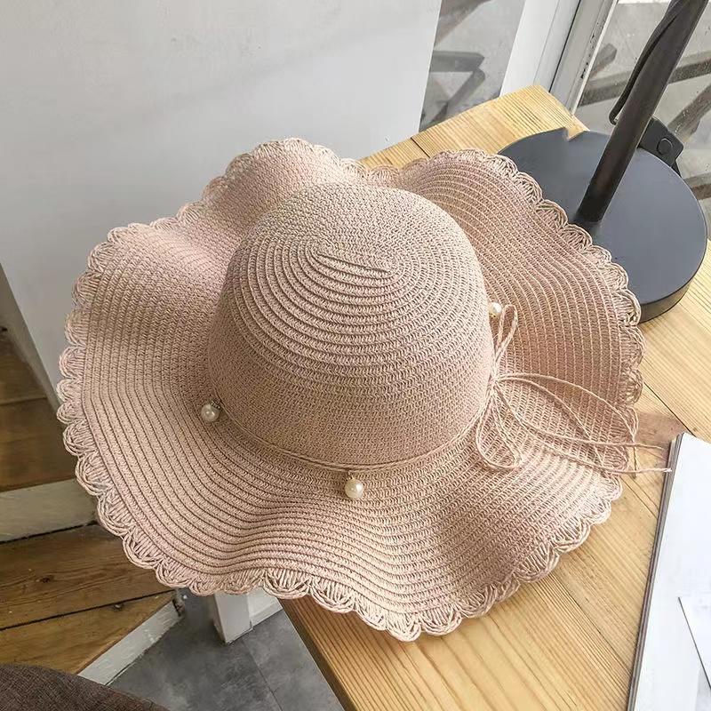 Women's Summer Pearl Wavy Straw Cap Wide Brim Hat Sunscreen Sun Hat Anti-ultraviolet Sun Cap Large Edge Beach Hat