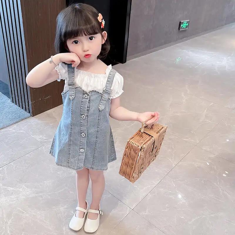 2PCS Children Clothing Set Spring Korean Style Summer Girls Suits Printing Short Sleeve Ruffle Tops + Braces Skirt Clothing Set