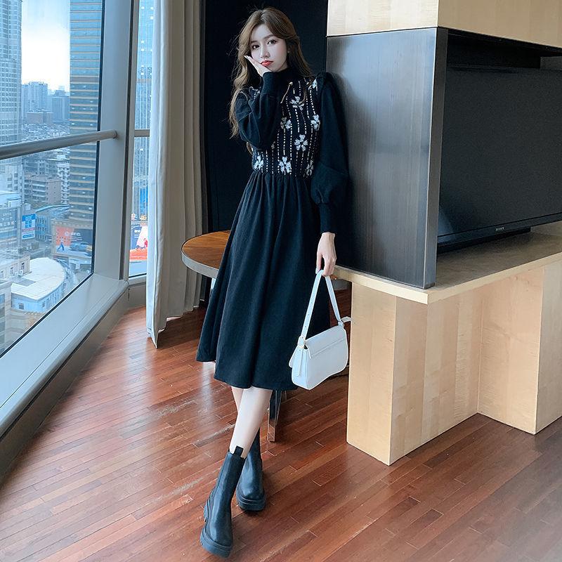 Sweater Autumn and Winter Knitted Stitching Thick Corduroy Dress Long Sleeves High Waist Slim Sweater Dress