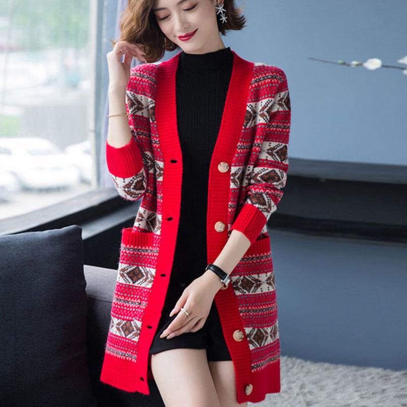 Autumn and Winter Long-sleeved Cardigan Sweater Loose-fitting Outer Wear Mid-length Jacket Jacquard Knitted Female Jacket