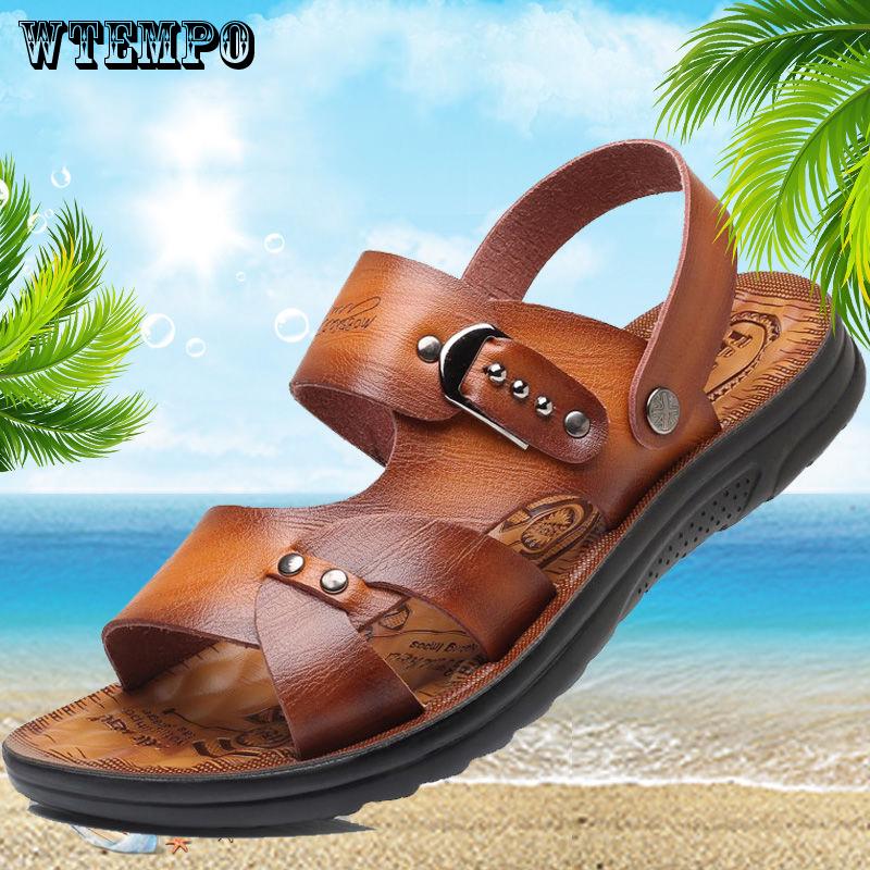 Summer Sandals Men Leather Classic open-toed Slipper Outdoor Beach Rubber Summer Shoes