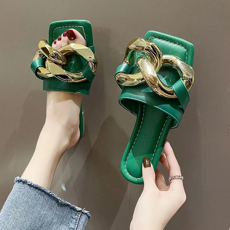 Fashion Chain Flat Sandals Slippers Women Summer Wear All-match Open-toed Sandals Women