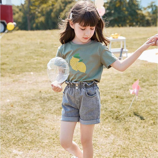 2PCS Children Clothing Set Spring Summer Girls Suits Printing Korean Hollow Out Short Sleeve Tops + Hole Pants Clothing Set