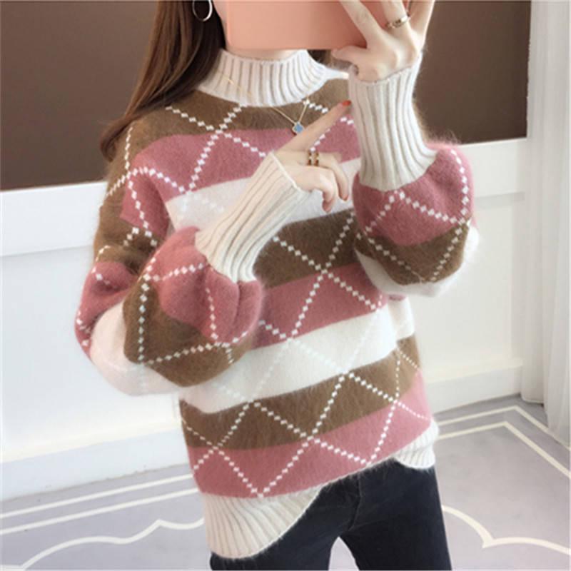 Women Sweater Round Collar Colorblock Long Sleeve Knit Top Multicolor with Splicing Thin Sweaters