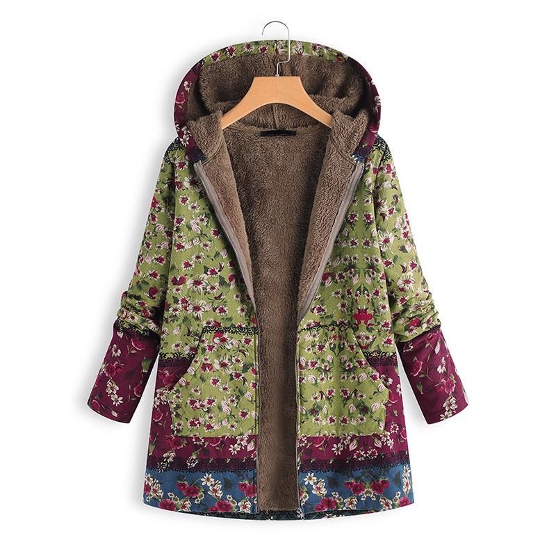 Floral Parkas for Women Plus Size Thick Warm Winter Hooded Jackets Loose Casual Long Zipper Coat Ladies Cotton Parkas