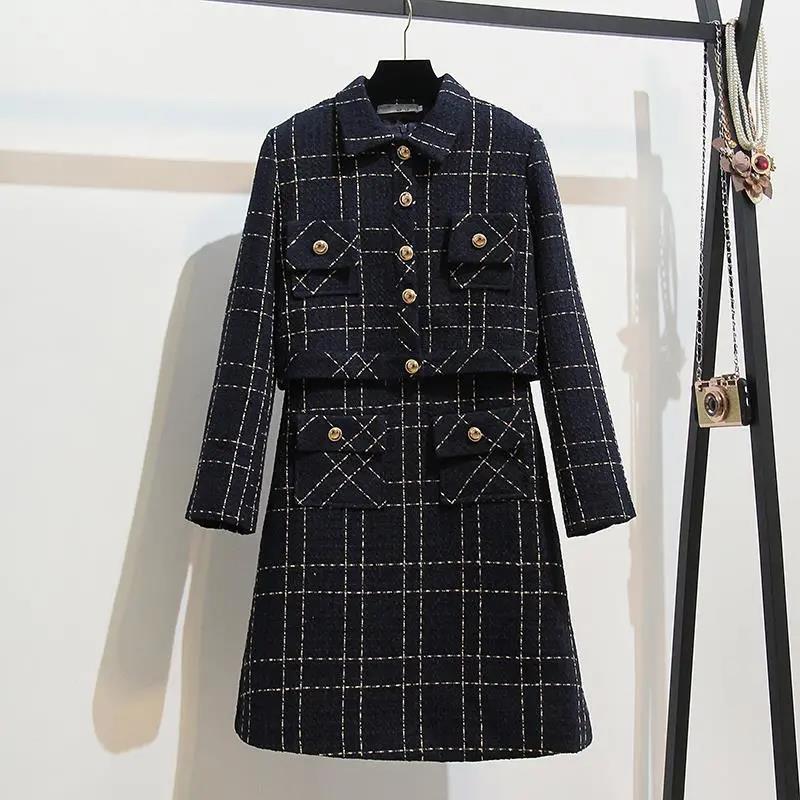 Fragrant Wind Jacket Skirt Suit Skirt Female Ladies Temperament Dress Two-piece Plaid Pattern Temperament Suit Elegant and Comfortable