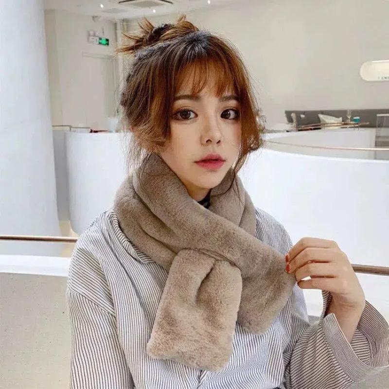 Women's Korean Style Cute Plush Faux Rex Rabbit Fur Blend Scarf Autumn and Winter Bib Pullover Solid All Match Scarf Soft Cross Neck Bib Neckerchief