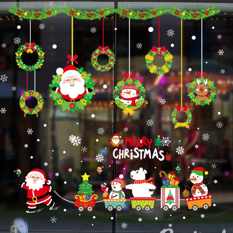 Festival Santa Claus train window decoration storefront glass door seamless wall stickers