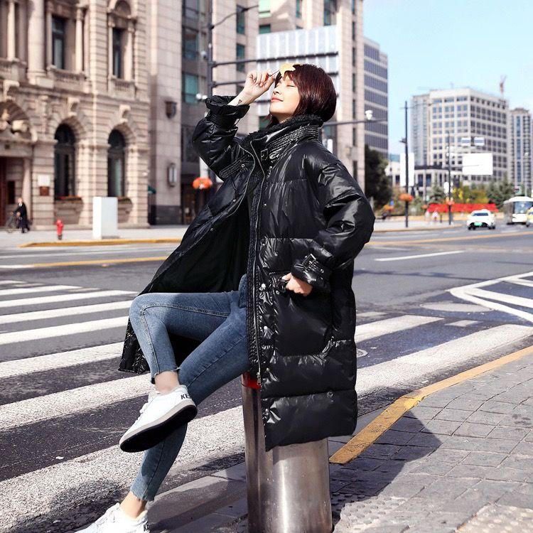 Winter Mid-length Women's Down Jacket Shiny Lamb Cashmere Collar Korean Style Stand-up Collar Loose Thick Warm Jacket Tide