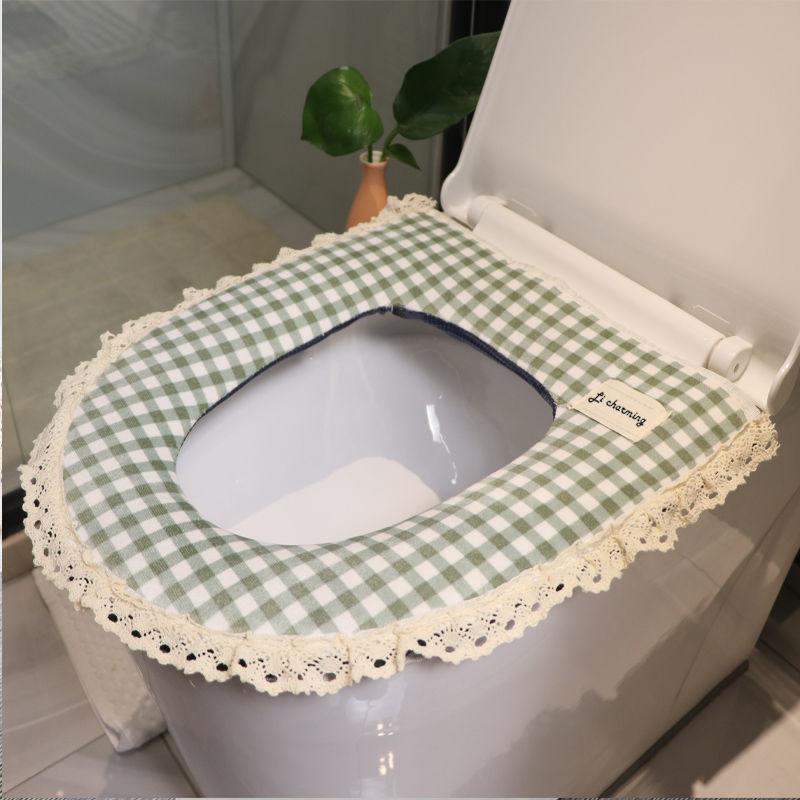 Thickened Toilet Cushion Household Autumn and Winter Plush Universal Toilet Cover Toilet Cover Zipper Red and Green Lattice Toilet Seat Can Be Washed