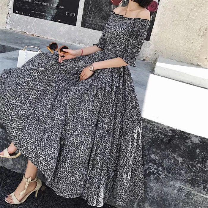 Woman Bohemian Sexy Floral Off-shoulder Dress  Elastic Bust High-waist Dress Long Maxi Party Dress