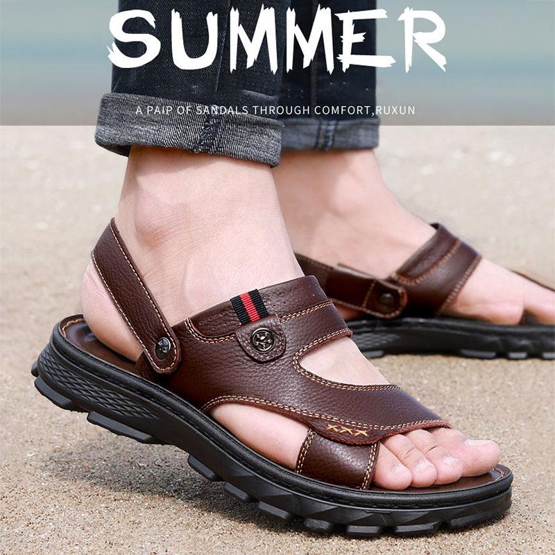 Sandals Men's New Summer Breathable Cowhide Beach Shoes Soft Sole Casual Wear Leather Dual-use Popular Sandals and Slippers