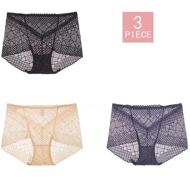 3-pack of Large Size Lace Sexy Panties Women's Ice Silk Transparent Seamless Underwear Antibacterial Cotton Crotch Briefs Hollow Out Panties