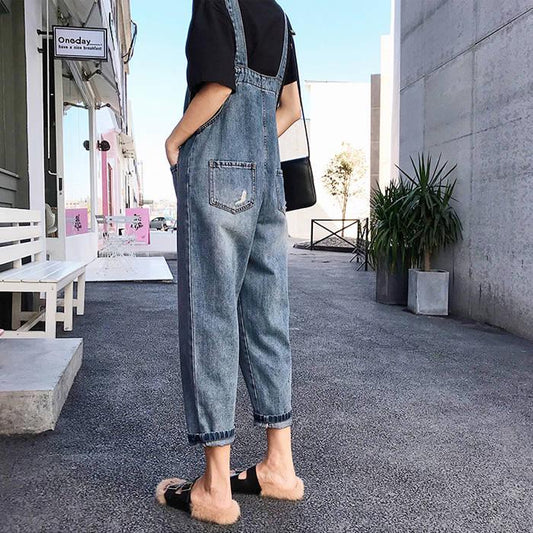 Net Red Denim Overalls Schoolgirl Loose Skinny Cropped Jumpsuit Women Trousers Different Colors