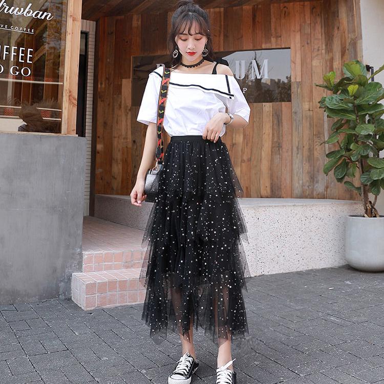 Fashion Elastic High Waist Long Tulle Skirt Women Irregular Hem Mesh Tutu Skirt Summer Party Skirt