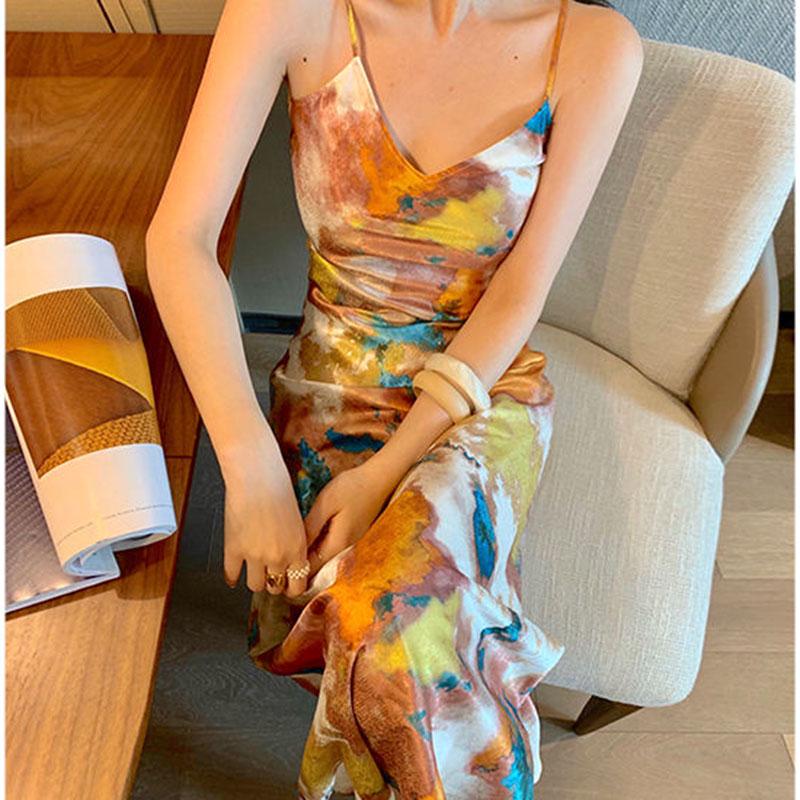 Women Sexy V Neck Maxi Dress Spaghetti Strap Dress Sleeveless Backless Long Painted Print Dress Lady Vestido