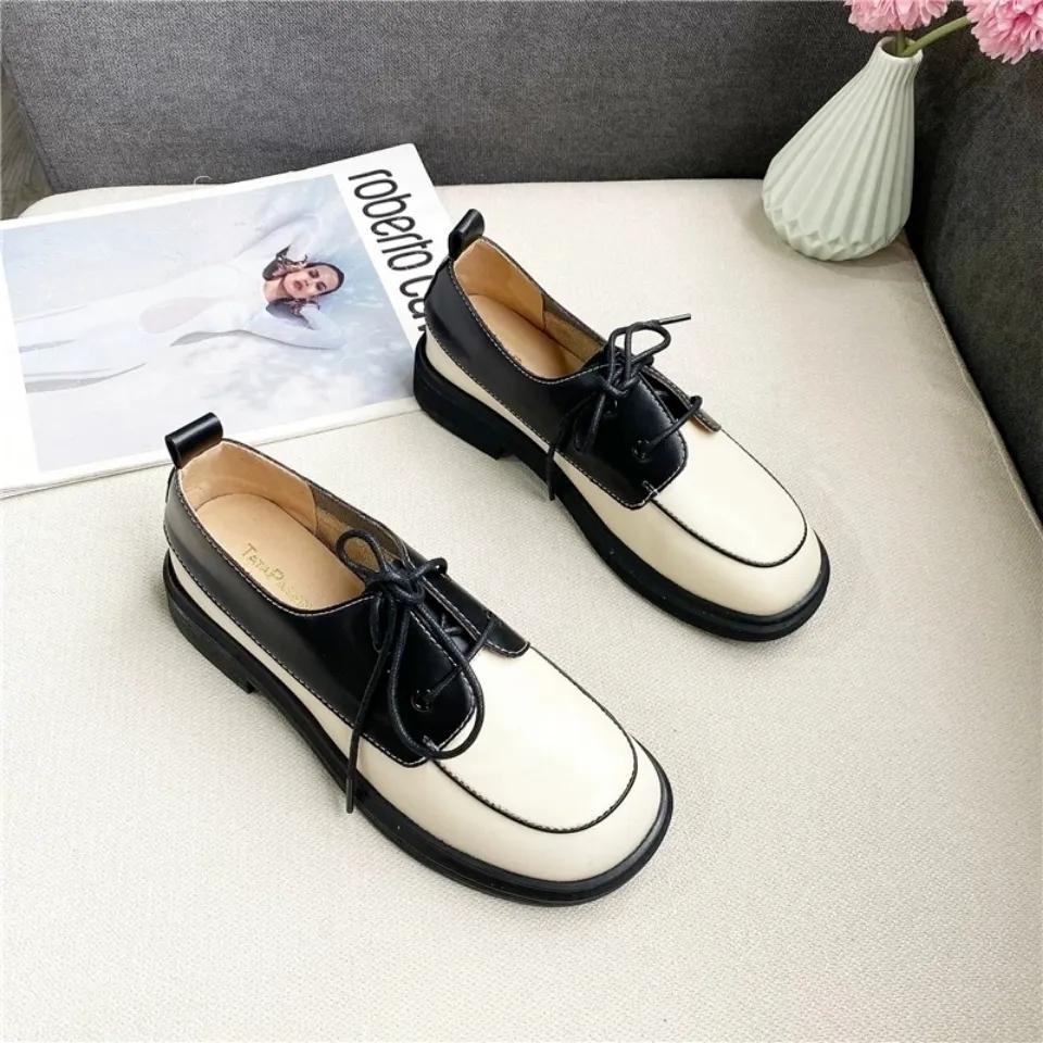 Women's Retro British Style Small Leather Shoes Soft Leather Flat Shoes Women's Autumn Loafers Ladies Casual Small White Shoes Girls Daily Shoes