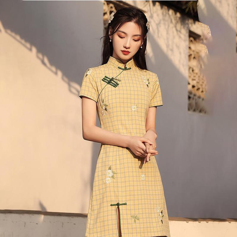 Improved Cheongsam Women's Summer Yellow and Green Plaid Daily Wear Young Girls Short Dresses