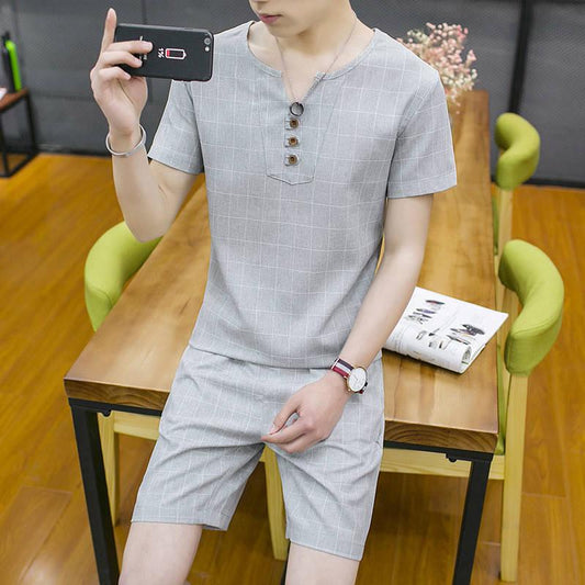 Summer Lattice Suit Men's T-shirt Short-sleeved Men's Shorts Casual Sports Suit