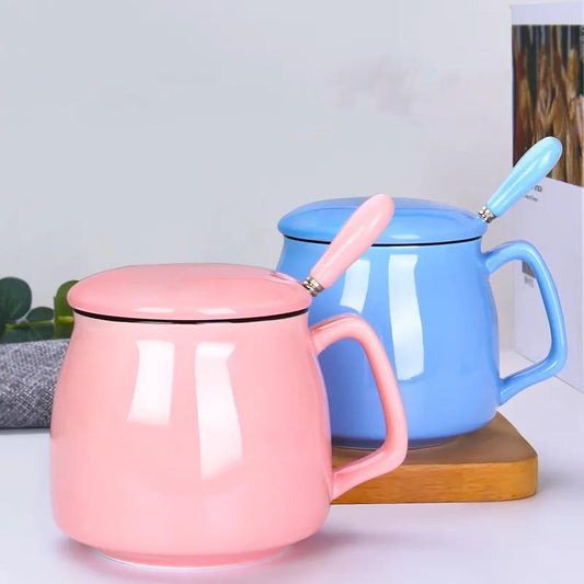 Creative Personality Ceramic Mug with Lid Spoon Trend Couple Breakfast Milk Cup Home Coffee Cup Female Water Cup