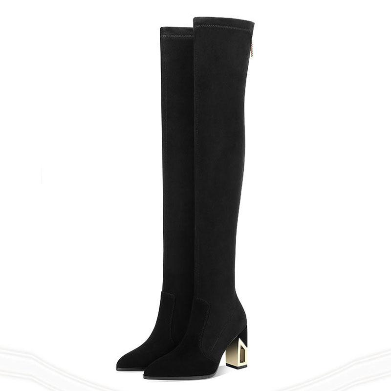 Black Boots Over-the-knee Boots Women's Thin High-heeled Stretch Boots Autumn and Winter Thick-heeled High Boots