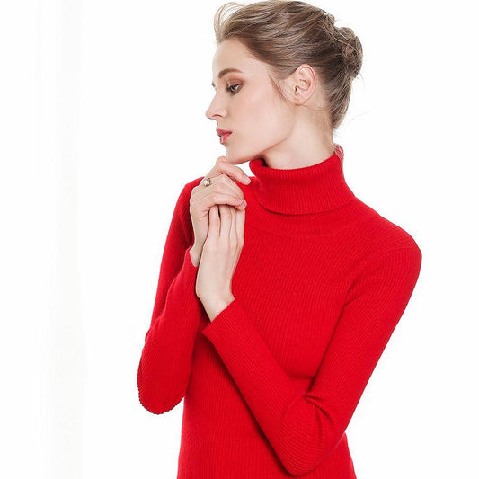 Turtleneck  Women's Self-cultivation Pullover Thickening Autumn and Winter New Tight-fitting Solid Color Long-sleeved Knitted Sweater Short