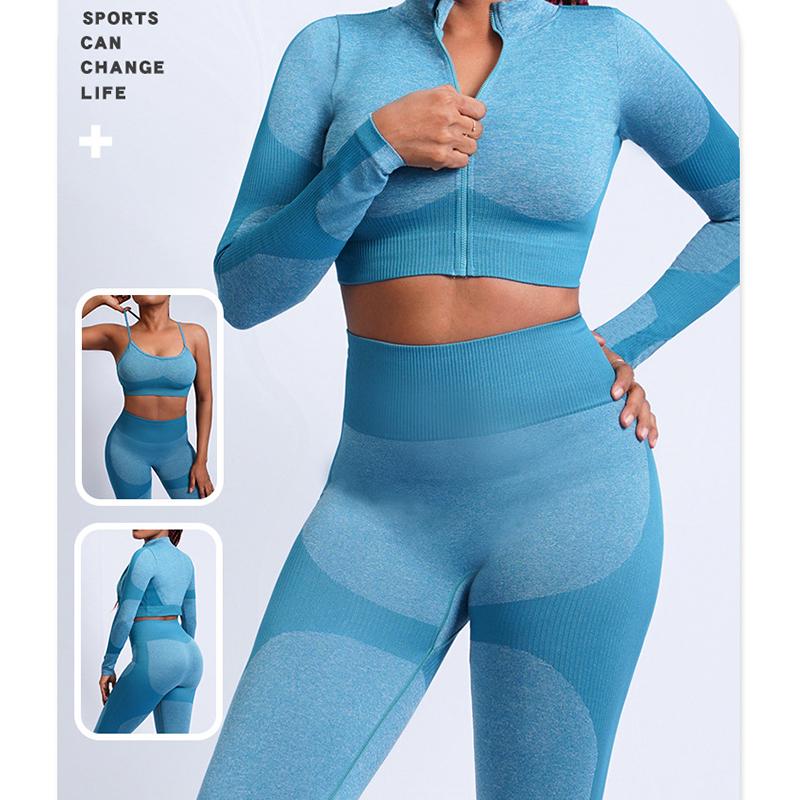 3PCS Women's Long Sleeve Yoga Clothing Set Seamless Knit Butt Lifting Pants Gym Fitness Bodybuilding Set Tracksuit Active Wear Sports Elastic Outwear