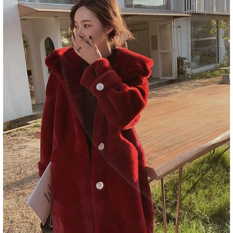 Autumn and Winter Imitation Mink Cardigan Hooded Loose Mid-length Lazy Sweater Plus Size Jacket Women