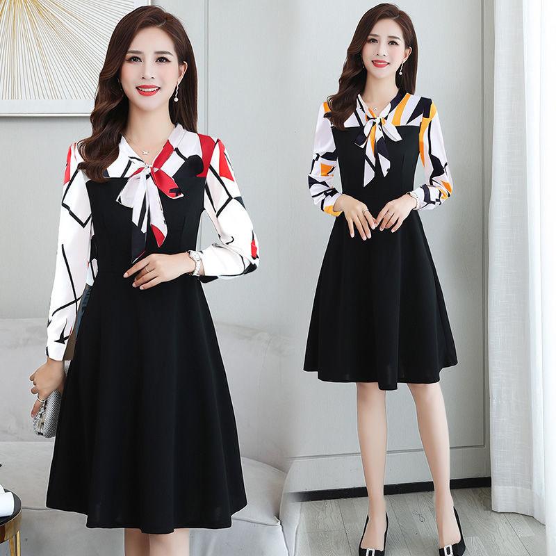 Women Spring Vintage High Waist Long Sleeve Holiday Dress Elegant Slim Print V-neck Casual Dress