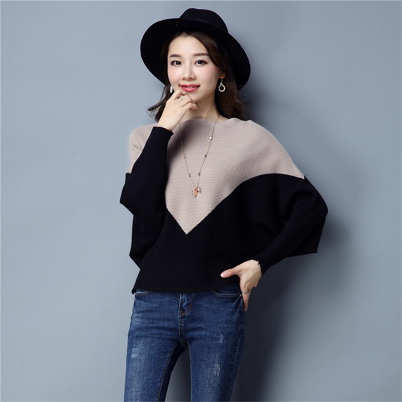 Pofulove Women Batwing Sleeve Sweater Loose Knit Pullover Sweater Female Stitching Contrast Boat Neck Jumper Tops