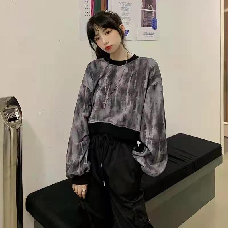 Women's Sweater Spring and Summer Korean Version Loose Harajuku Style Tie-dye Ripped Sweater Short Thin Long-sleeved Top