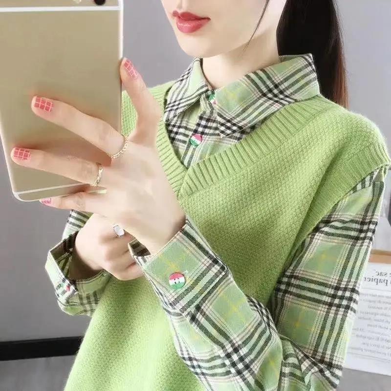 Women's Waistcoat Patchwork Knitted Tops Spring and Autumn Lapel Neck Large Size Tops Loose Casual Knitted Pullover