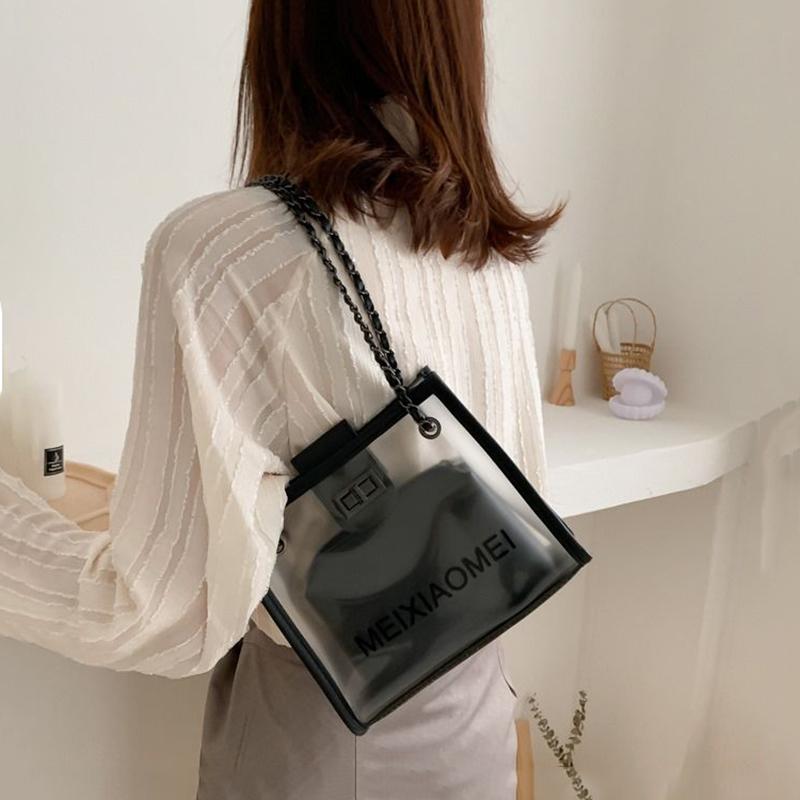 2pcs Shoulder Transparent Bag Women Clear Handbag Waterproof for Bathing Swimming Beach Metal Chain Portable Box Bags