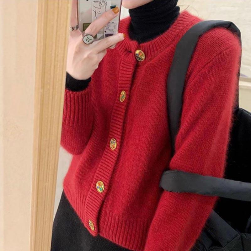 Sweater Cardigan Coat Women's Knitted Sweater Lazy Style Autumn and Winter Style Red Design Outer Wear