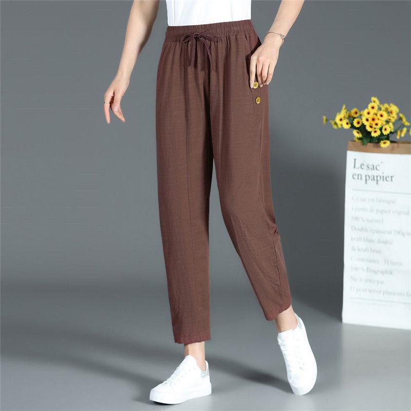 WTEMPO XL-XXXXL Cotton Linen Pants Women Spring and Summer Loose Elastic Waist Solid Color Casual Trousers