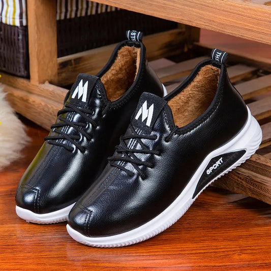 Winter Solid Color Cotton Shoes Women's Plush Thickened Leather Waterproof Shoes Flat Bottom Anti Slip Warm Casual Cotton Shoes