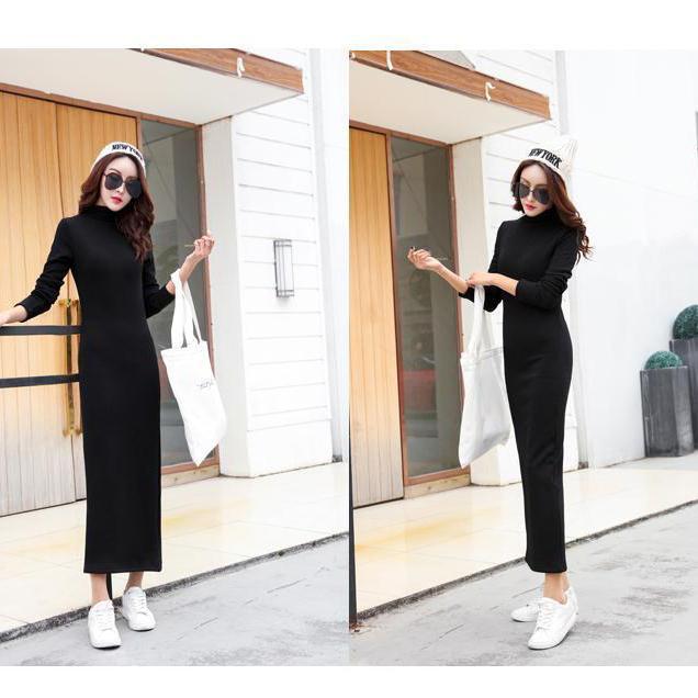 Plus Velvet Thick Warm Dress Winter Long-sleeved Half-high Collar Ladies Long Skirt Slim Over-the-knee Bottoming Bag Hip Skirt