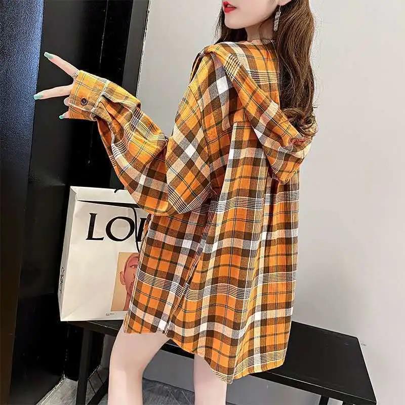 Women Plaid Shirt Retro Contrast Color Cotton Coat Casual Hooded Button Shirt for Youth