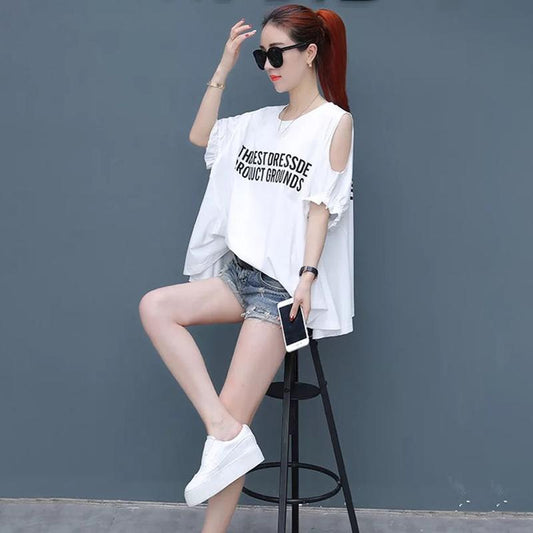 Short-sleeved T-shirt Women Loose Large Size Women's Off-the-shoulder Top Half-sleeved T-shirt Off-the-shoulder Round Neck Loose Casual Ladies T-shirt