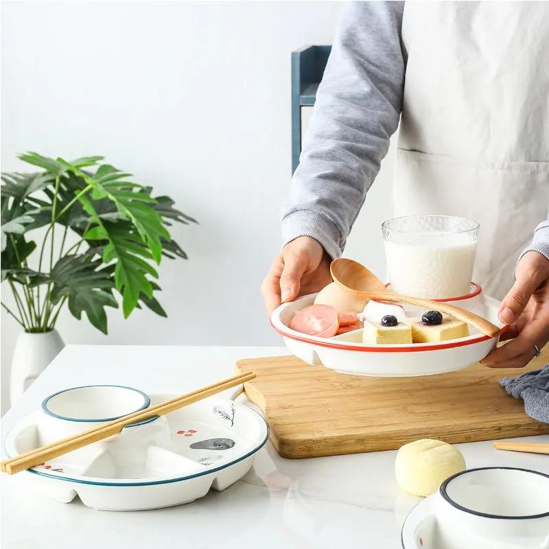 Japanese-style Tableware Creative Ceramic Divider Dish Three-grid Rice Plate Children's Dinner Plate Dim Sum Breakfast Plate Household Dish