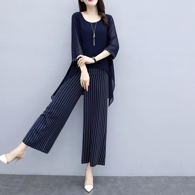 Loose Large Size Suit Covering Belly Slimming Two-piece Round Neck Shirt Loose Casual Wide-leg Pants Women Loose Slimming Chiffon Suit