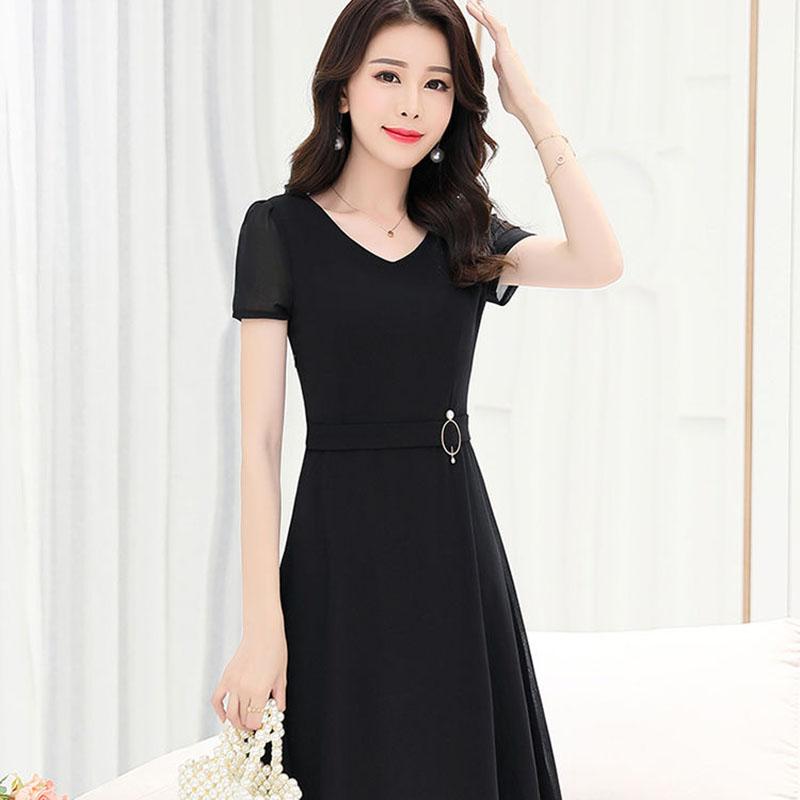 Women's Summer Dress Slim Solid Color V-neck Chiffon Long Skirt