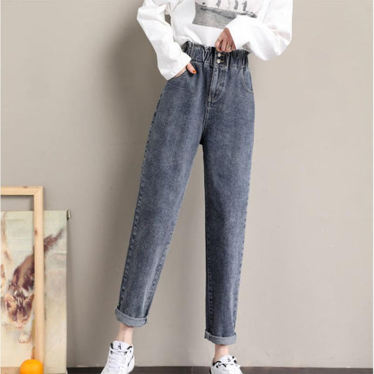 WTEMPO Women's Jeans Elastic Waist  Wide Leg Straight  Denim Big Pocket Trousers Denim Pants High Waist Harem Pants