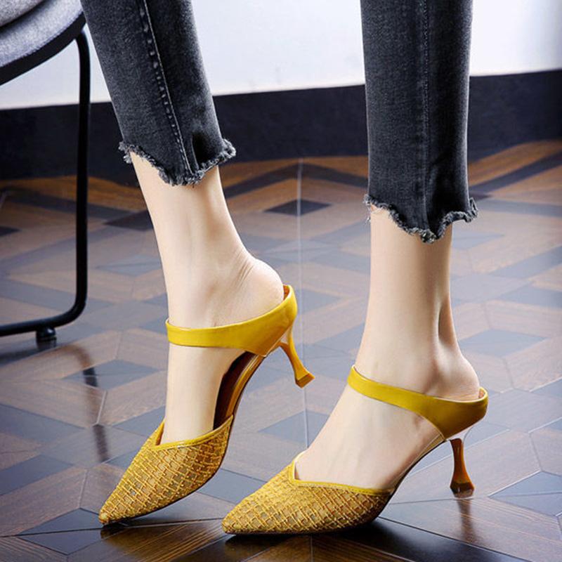 Korean Version of Baotou Mid-heel Breathable Mesh Fairy Sandals Pointed Toe Stiletto High Heels Women Slippers