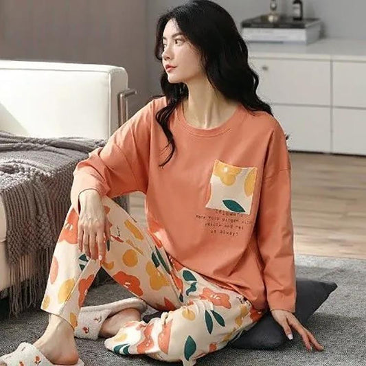 Women Pajamas Suit Spring Autumn Cotton Soft Sleepwear Long Sleeve Tops and Pants Set Pullover O Neck Cartoon Cute Loose Casual Nightwear