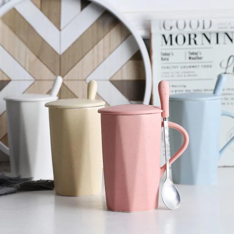 Water Cup Ceramic Mug with Lid Spoon Ins Wind Male and Female Students Home Creative Breakfast Coffee Cup Large Capacity