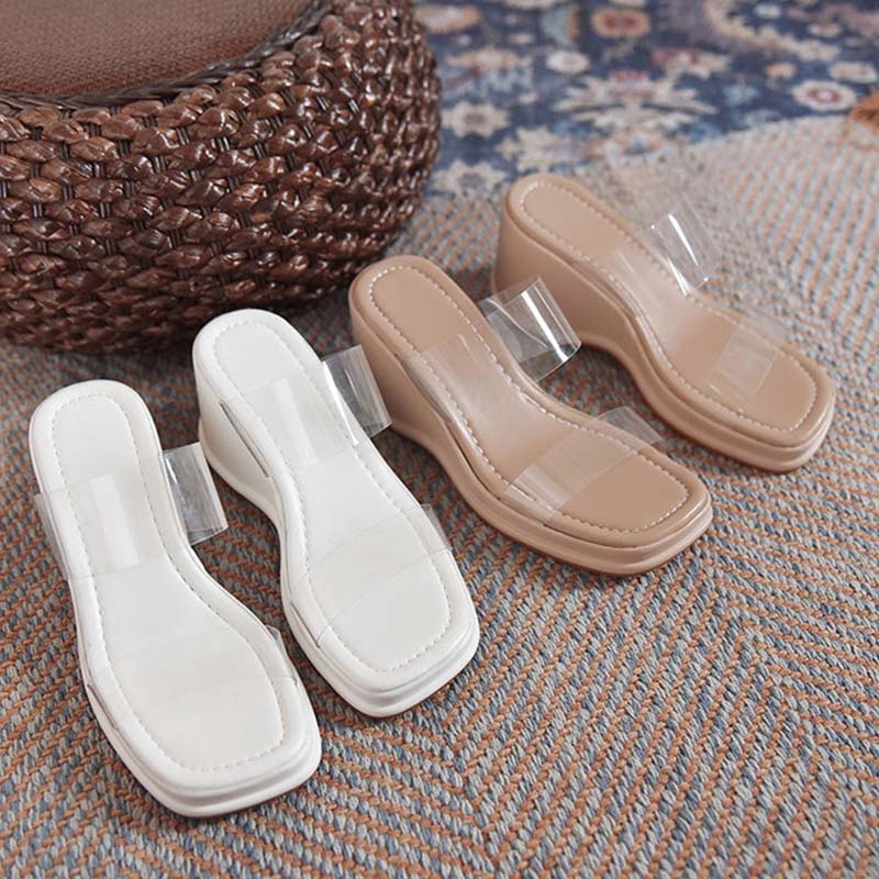 Summer Wedge Platform Sandals Women's Transparent Open Toe All-match One Word Waterproof White High-heeled Slippers Temperament Vacation Beach Sandals