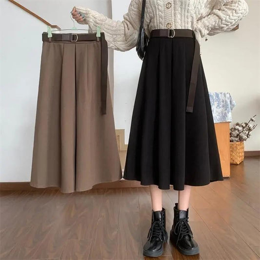 Skirts Womens Black A-line Skirt Spring Summer High Waist Pleated Skirt Female Solid Color Mid-length Skirt with Sashes